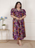 Miravan Womens Plus Size Floral Print Puff Sleeve Pure Cotton Fit Flare Magenta Butterfly Maxi Dress