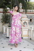 Miravan Womens Pink Floral Print Puff Sleeve Pure Cotton Fit Flare Butterfly Maxi Dress
