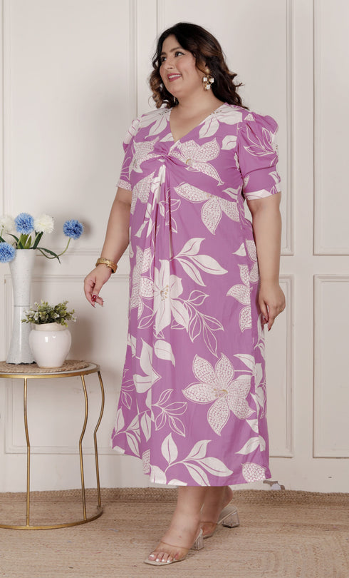 Miravan Womens Plus Size Pink Floral Print Puff Sleeve Pure Cotton Fit Flare Butterfly Maxi Dress