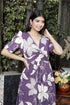 Miravan Womens Purple Pleated Puff Sleeve Floral Pure Cotton Butterfly Middi Dress