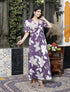 Miravan Womens Purple Pleated Puff Sleeve Floral Pure Cotton Butterfly Middi Dress