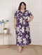 Miravan Womens Plus Size Purple Pleated Puff Sleeve Floral Pure Cotton Butterfly Middi Dress