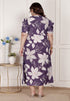Miravan Womens Plus Size Purple Pleated Puff Sleeve Floral Pure Cotton Butterfly Middi Dress