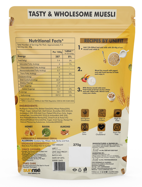 UNIFIT Muesli with Honey| Raisins & Almonds