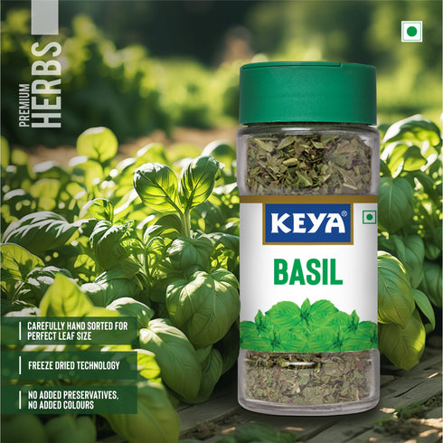 Keya Basil Freeze Dried Seasoning for Pasta Pizzas Soups and Salads Rich in Antioxidants & Supports Digestion No Artificial Flavours or Colours