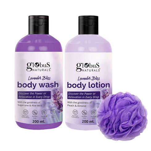 Globus Naturals Lavender Body Lotion & Body Wash Skincare Combo with Loofa