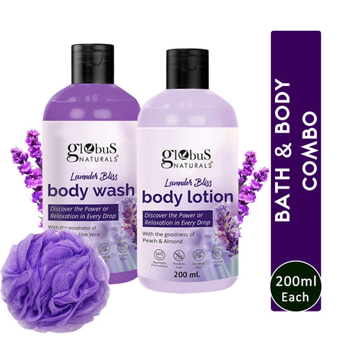 Globus Naturals Lavender Body Lotion & Body Wash Skincare Combo with Loofa