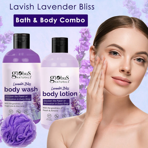 Globus Naturals Lavender Body Lotion & Body Wash Skincare Combo with Loofa