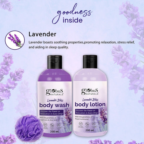 Globus Naturals Lavender Body Lotion & Body Wash Skincare Combo with Loofa