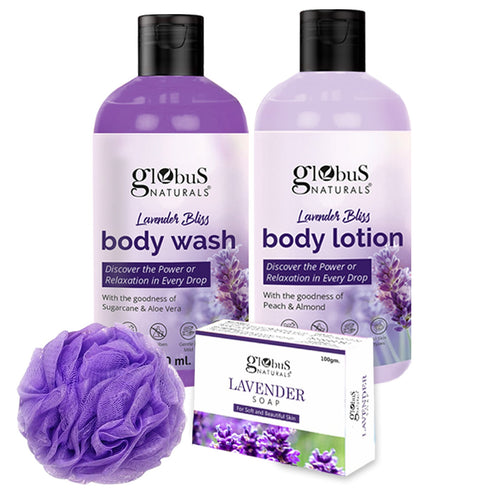 Globus Naturals Lavender Body Lotion Soap & Body Wash Skincare Combo with Loofa