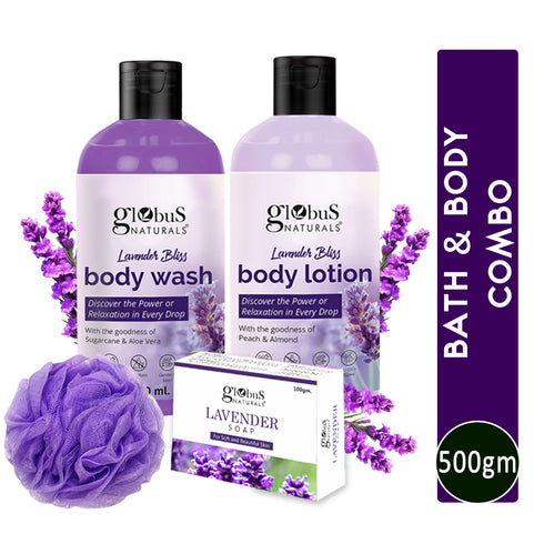 Globus Naturals Lavender Body Lotion Soap & Body Wash Skincare Combo with Loofa