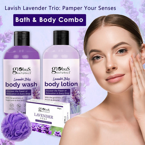Globus Naturals Lavender Body Lotion Soap & Body Wash Skincare Combo with Loofa