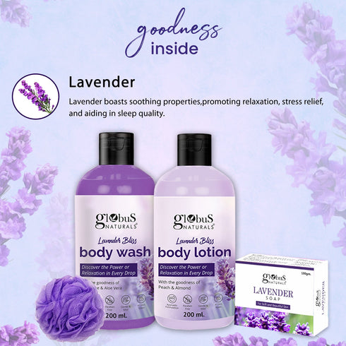 Globus Naturals Lavender Body Lotion Soap & Body Wash Skincare Combo with Loofa
