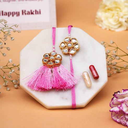 Omay Foods Kundan Pink Rakhi Set for Bhai Bhabhi