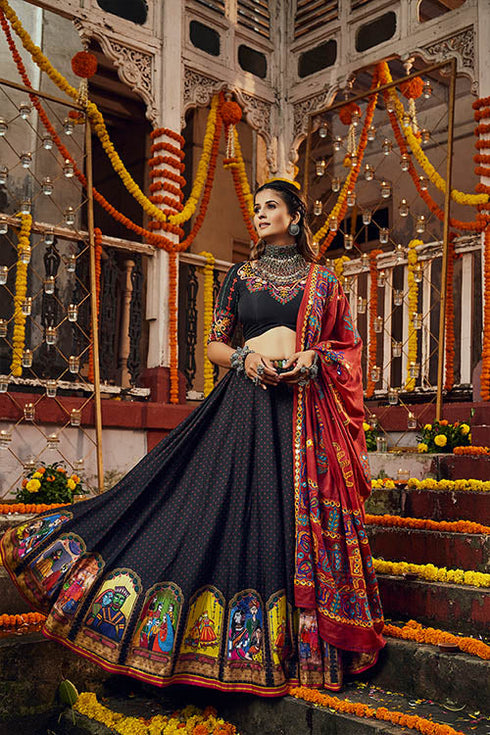 Shubhkala Black Silk Digital Printed Work Navratri Lehenga Choli