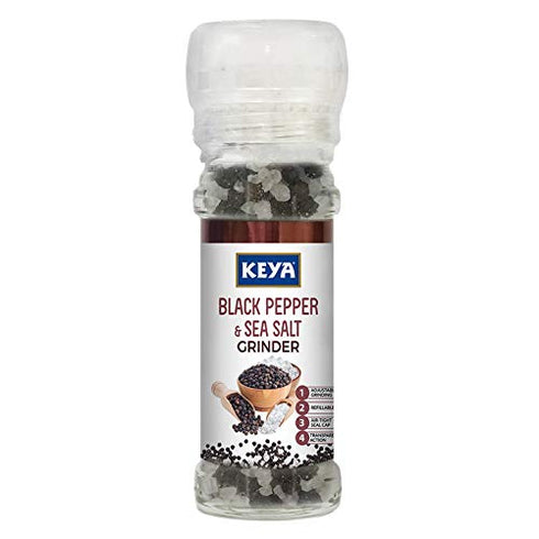 Keya Black Pepper & Sea Salt Grinder 80g Perfect for Seasoning Vegetables Soups Curries Seafood & More Twist Top Grinders for Effortless Flavor Enhancement in Every Dish