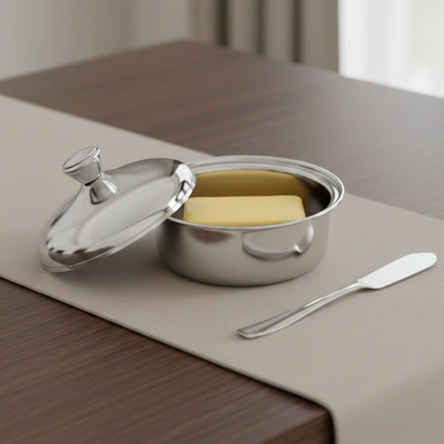 Vinod Stainless Steel Butter Pot with Butter Knife and Lid 100 gram Capacity Highest Grade Steel Rust Free Dishwasher Safe Tough Build