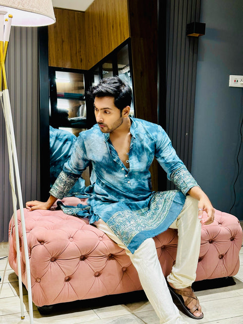 Kzari Men's Blue Tie & Dye Kurta in Exquisite Border Chander Silk