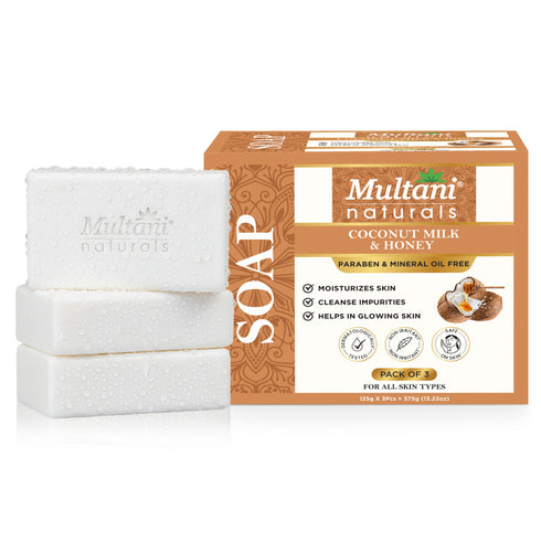 Multani Pharmaceuticals Limited Multani Naturals Coconut Milk & Honey Soap is a handmade Ayurvedic bar for men & women Enriched with coconut milk honey & glycerin it deeply moisturizes nourishes & leaves skin calm hydrated & glowing