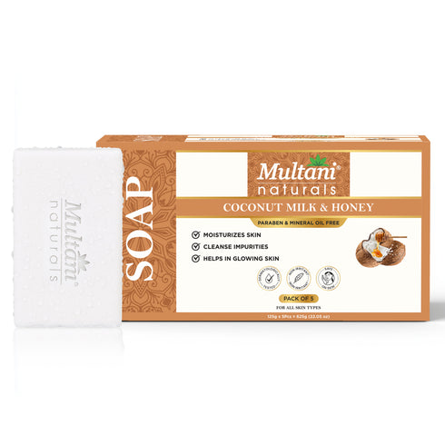 Multani Pharmaceuticals Limited Multani Naturals Coconut Milk & Honey Soap is a handmade Ayurvedic bar for men & women Enriched with coconut milk honey & glycerin it deeply moisturizes nourishes & leaves skin calm hydrated & glowing