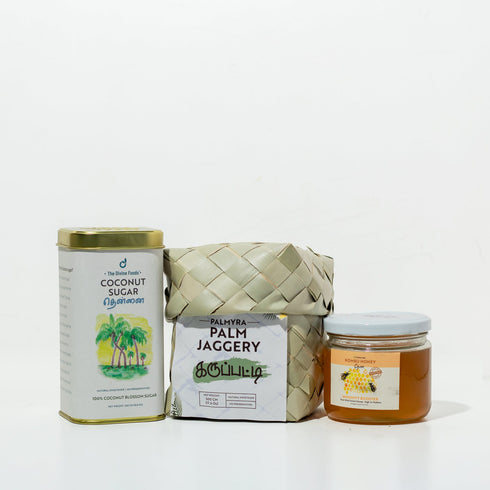 The Divine Foods Low GI Sweetener Kit - Coconut sugar + Palm jaggery + Kombu Honey