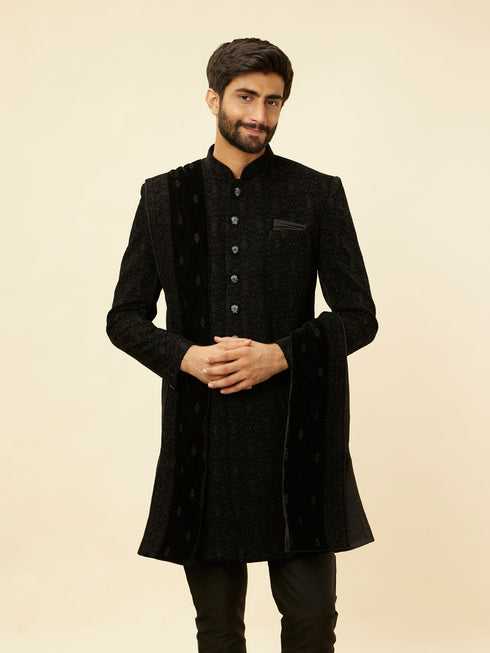 Manyavar Kohl Black Embroidered Indo Western Set