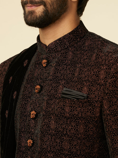 Manyavar Enchanting Black Embroidered Self Texture Indo Western Set