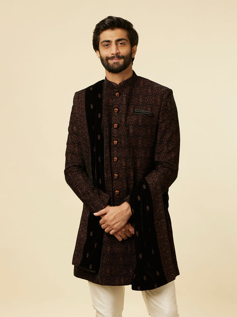 Manyavar Enchanting Black Embroidered Self Texture Indo Western Set