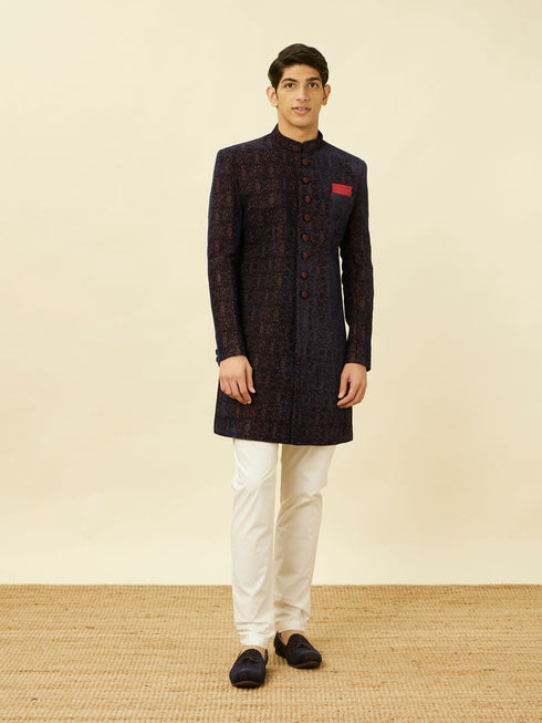Manyavar Dark Navy Blue Floral Medallion Patterned Indo Western Set