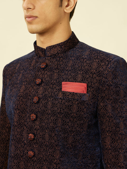 Manyavar Dark Navy Blue Floral Medallion Patterned Indo Western Set