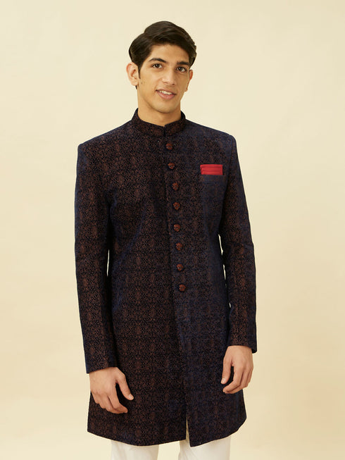 Manyavar Dark Navy Blue Floral Medallion Patterned Indo Western Set