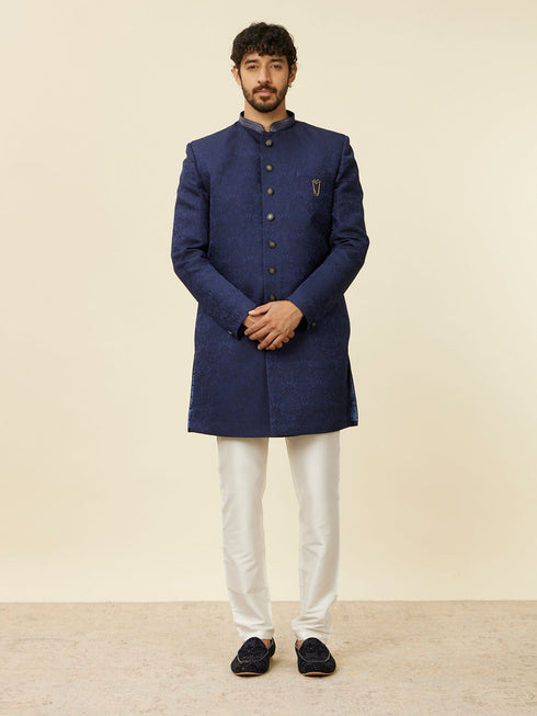 Manyavar Dark Blue Achkan Style Scallop Patterned Indo Western Set