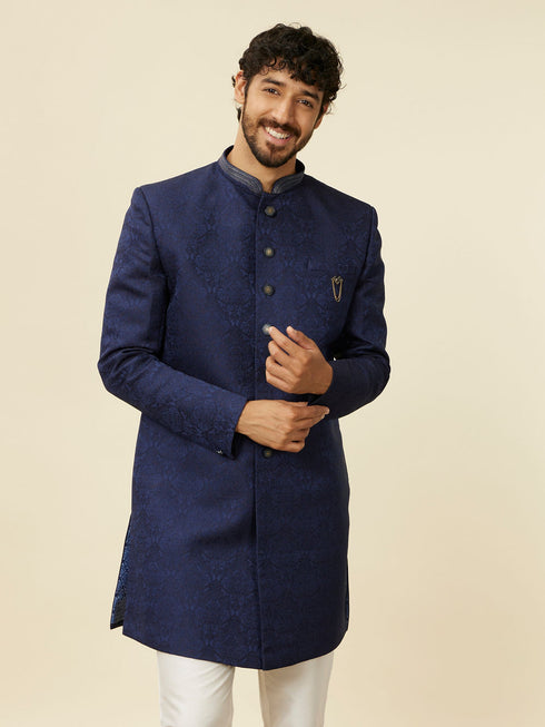 Manyavar Dark Blue Achkan Style Scallop Patterned Indo Western Set