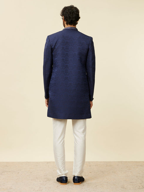 Manyavar Dark Blue Achkan Style Scallop Patterned Indo Western Set