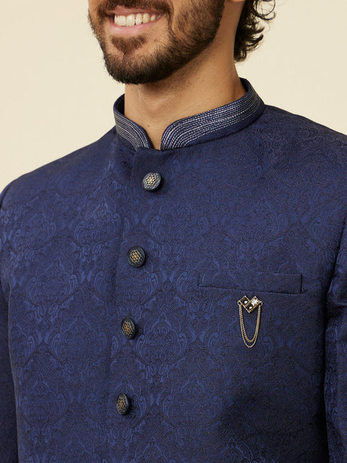 Manyavar Dark Blue Achkan Style Scallop Patterned Indo Western Set
