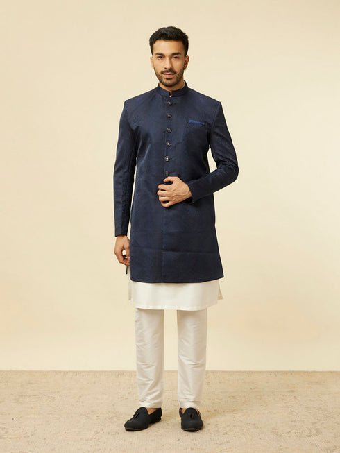 Manyavar Blue Brocade Jacquard Self Design Indo Western