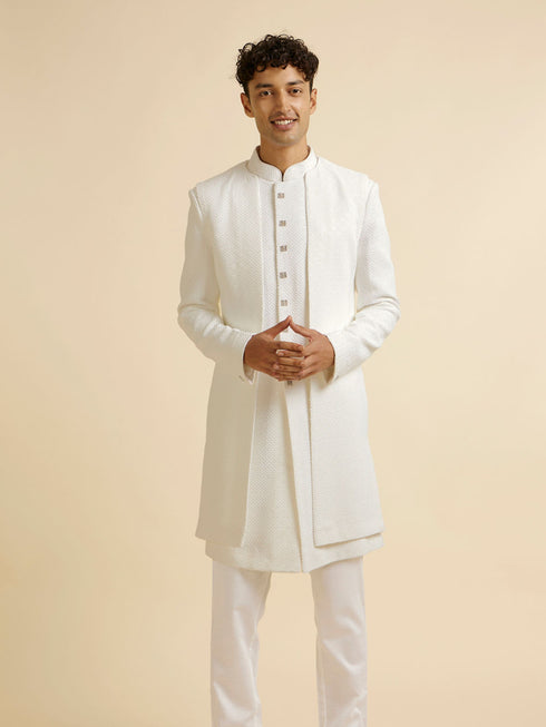 Manyavar White Sequinned Layered Indo Western Set