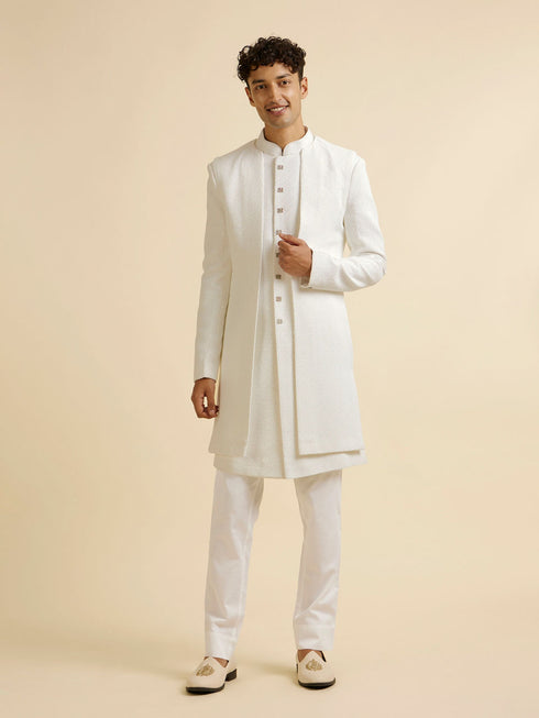 Manyavar White Sequinned Layered Indo Western Set