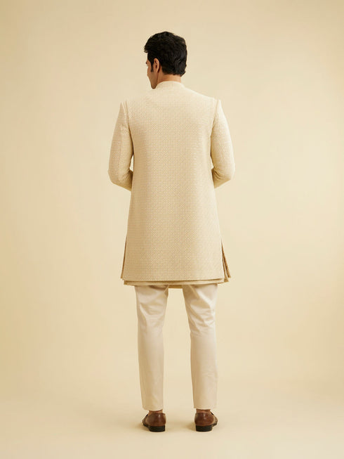Manyavar Cream Beige Sequinned Layered Indo Western Set