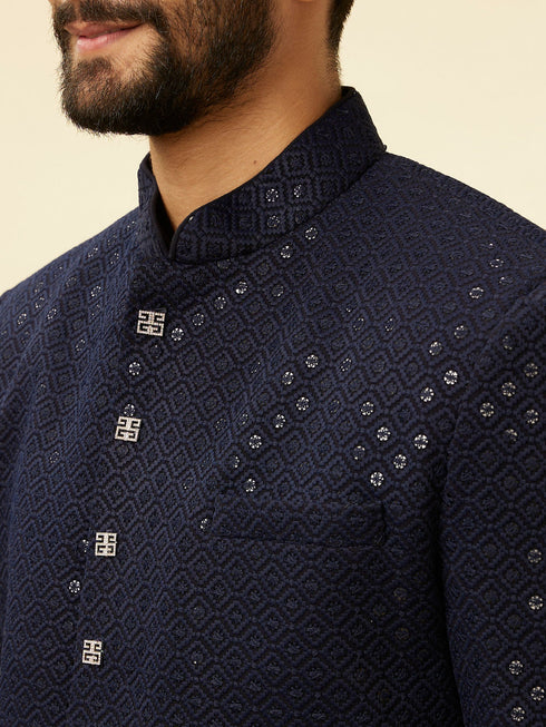 Manyavar Midnight Blue Diamond Patterned Indo Jacket Set