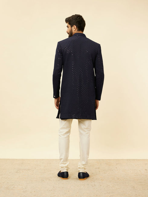 Manyavar Midnight Blue Diamond Patterned Indo Jacket Set