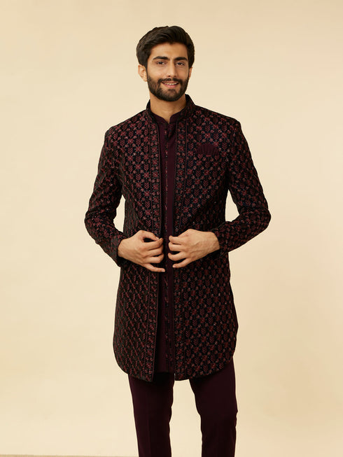 Manyavar Mauve Wine Floral String Patterned Indo Western Jacket Set