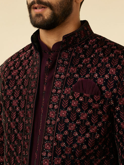Manyavar Mauve Wine Floral String Patterned Indo Western Jacket Set