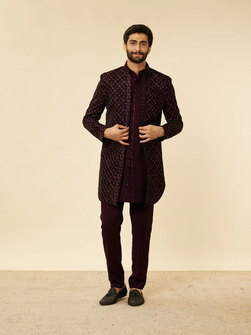 Manyavar Mauve Wine Floral String Patterned Indo Western Jacket Set