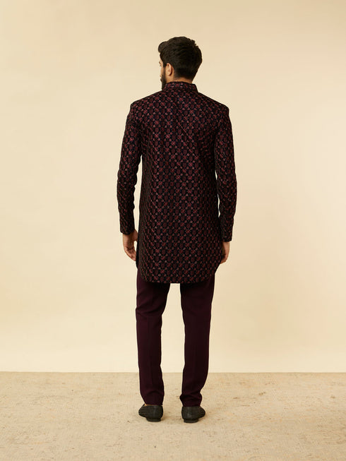 Manyavar Mauve Wine Floral String Patterned Indo Western Jacket Set
