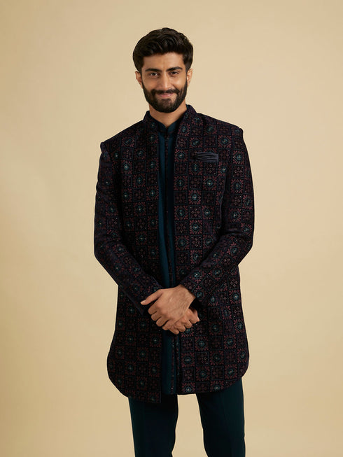 Manyavar Dark Blue And Teal Green Indo Western Set with Chowkadi Motifs And Patra Work