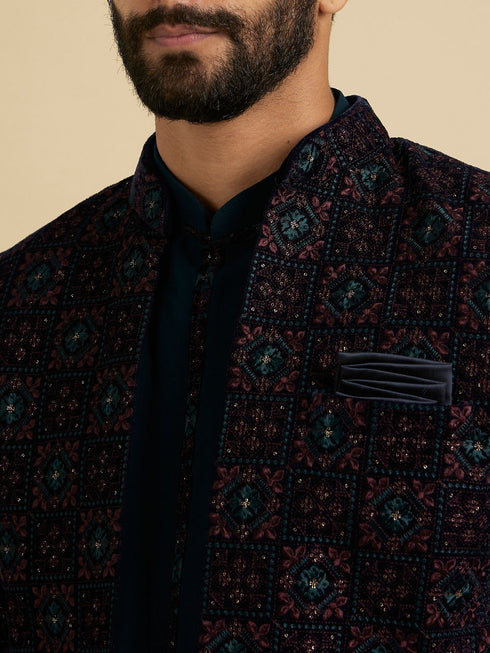 Manyavar Dark Blue And Teal Green Indo Western Set with Chowkadi Motifs And Patra Work