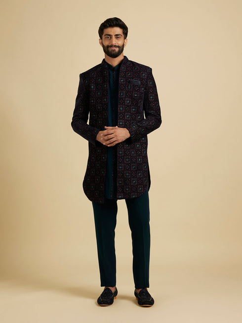 Manyavar Dark Blue And Teal Green Indo Western Set with Chowkadi Motifs And Patra Work
