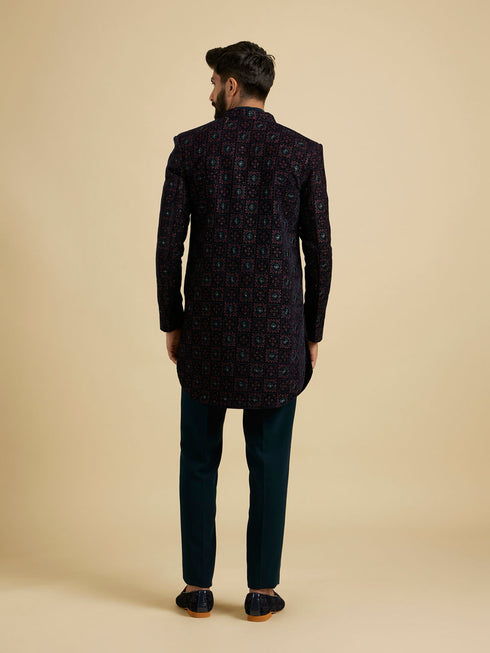 Manyavar Dark Blue And Teal Green Indo Western Set with Chowkadi Motifs And Patra Work