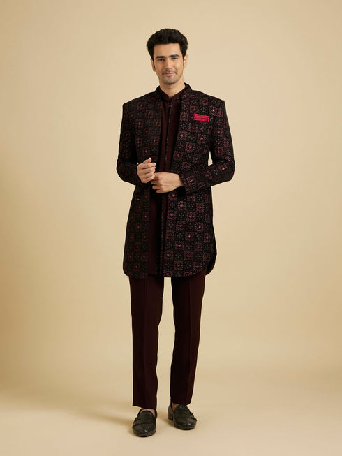 Manyavar Maroon Red Indo Western Set with Chowkadi Motifs And Patra Work